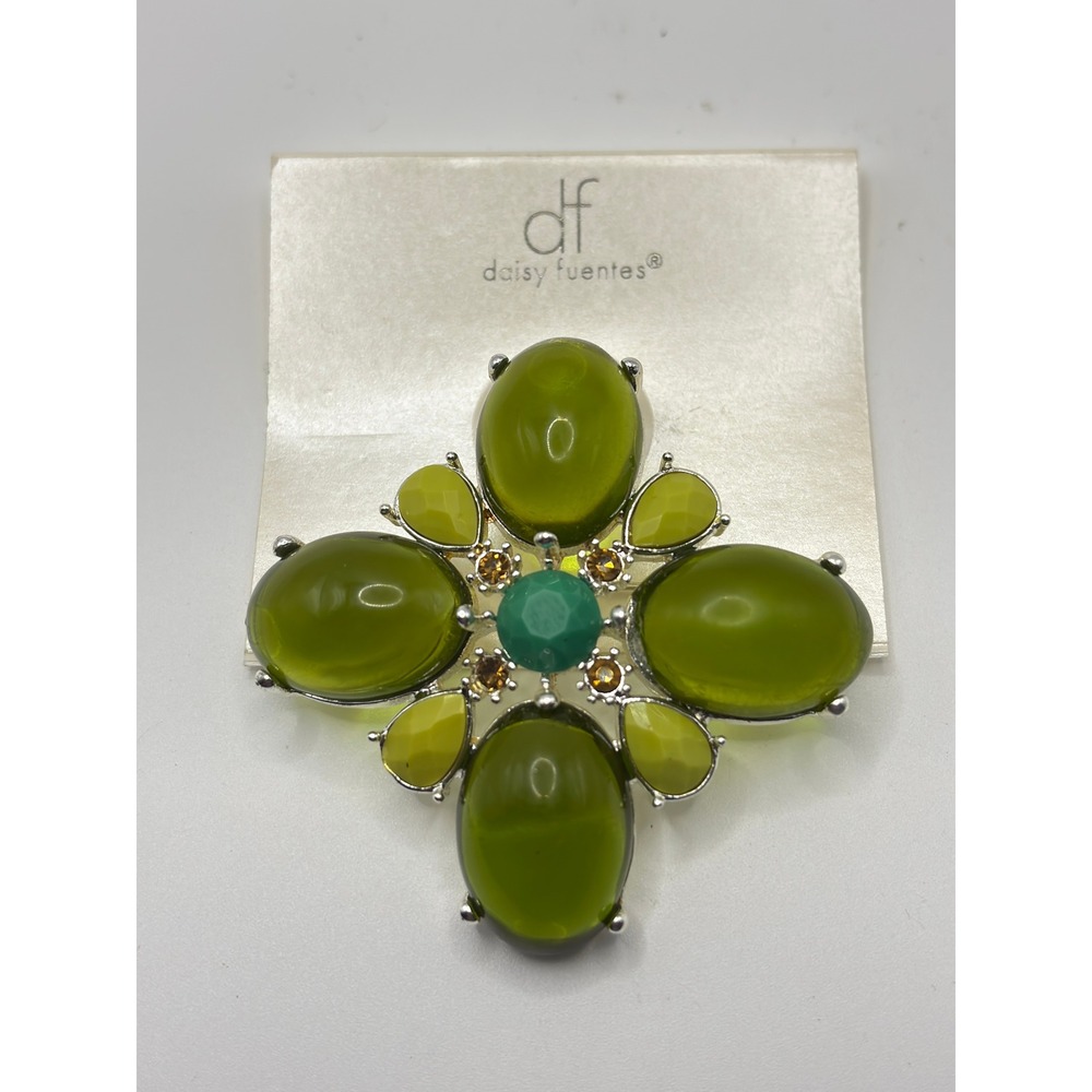 Daisy Fuentes Brooch Pin Womens OS Green Silver Tone Floral Cabochon Statement